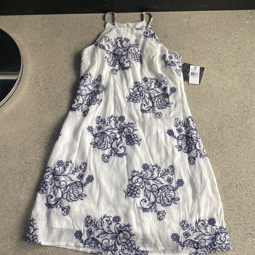 White Tank Top Dress with Blue Lace details. Size XSmall.